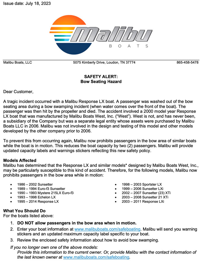 Malibu Boats Safety Alert: Bow Seating Hazard Page 1