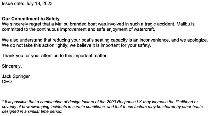 Malibu Boats Safety Alert: Bow Seating Hazard Page 2