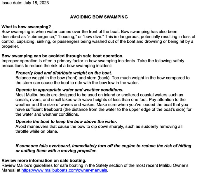 Malibu Boats Safety Alert: Bow Seating Hazard Page 3