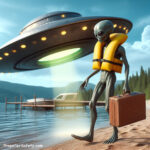 Alien wearing a yellow life jacket to work for National Wear Your Life Jacket to Work day.