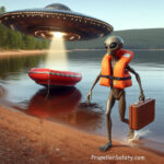 Alien wearing a red life jacket for National Wear Your Life Jacket to Work day.