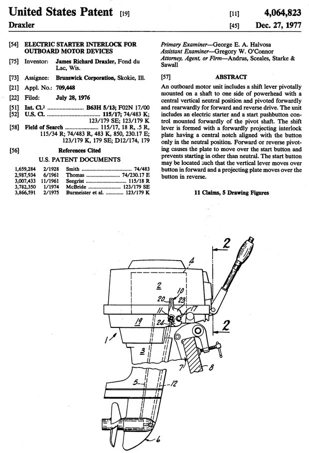 Brunswick Starter Interlock U.S. Patent 4,064,823