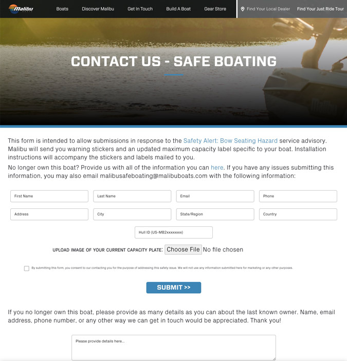 Malibu Safe Boating page requesting your contact information and information on your boat.