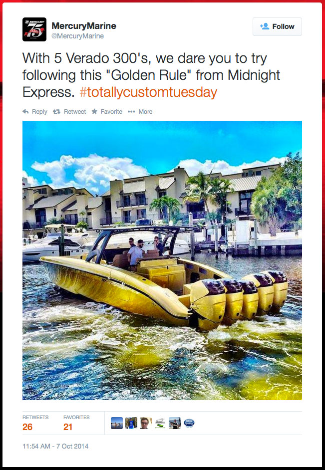 Midnight Express boat, The Golden Rule, Mercury Marine tweet.