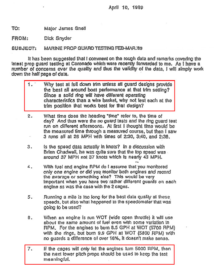 Snyder - Snell USMC Propeller Guard Test Letter 1989