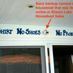 Sony backup camera above rear door of a houseboat on Shasta Lake