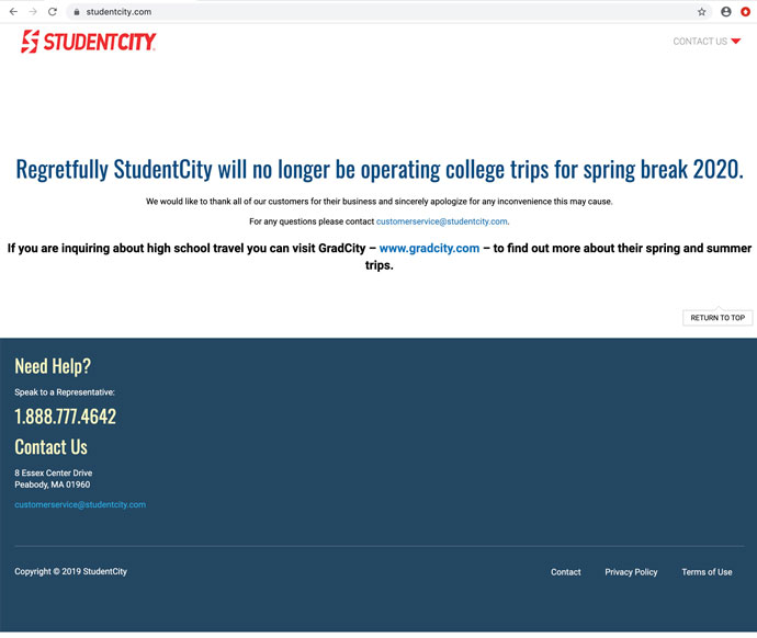 StudentCity website November 2019 after the March 2019 propeller accident