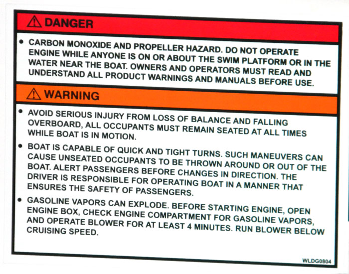 Propeller warning along with four other warnings on same label at 2013 Tulsa Boat Show.