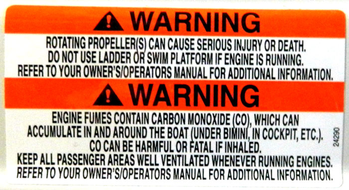 Propeller warning teamed with carbon monoxide warning at 2013 Tulsa Boat Show.