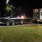 Evinrude powered Ranger bass boat launches pre dawn at Nichols Marine Tournament Series Championship Grand Lake September 2015