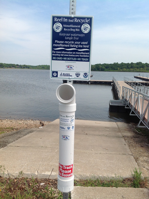 Reel In and Recycle! station near dock at Wolf Creek boat ramp, Grand Lake, Grove Oklahoma
