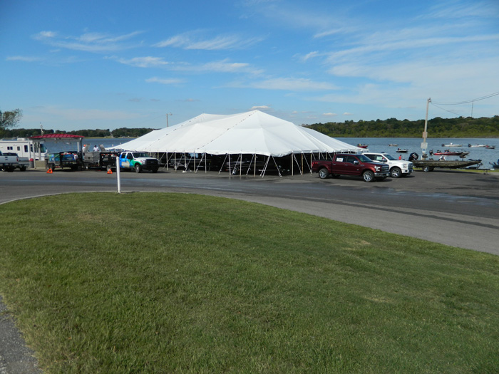 Large tent used as headquarters for Nichols Marine Tournament Series Championship, Grand Lake, September 2015.